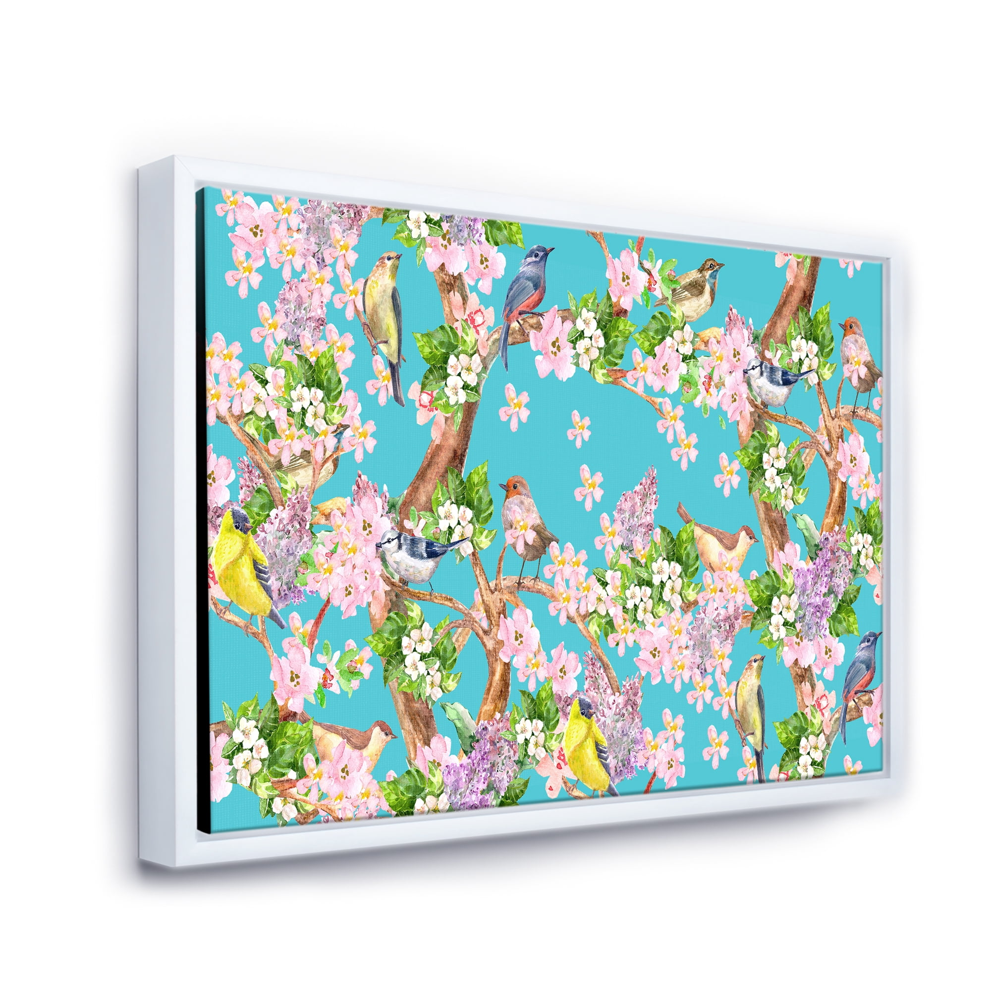 Designart 'Little Birds Sitting On Spring Flow Tree' Traditional Framed Canvas Wall Art Print
