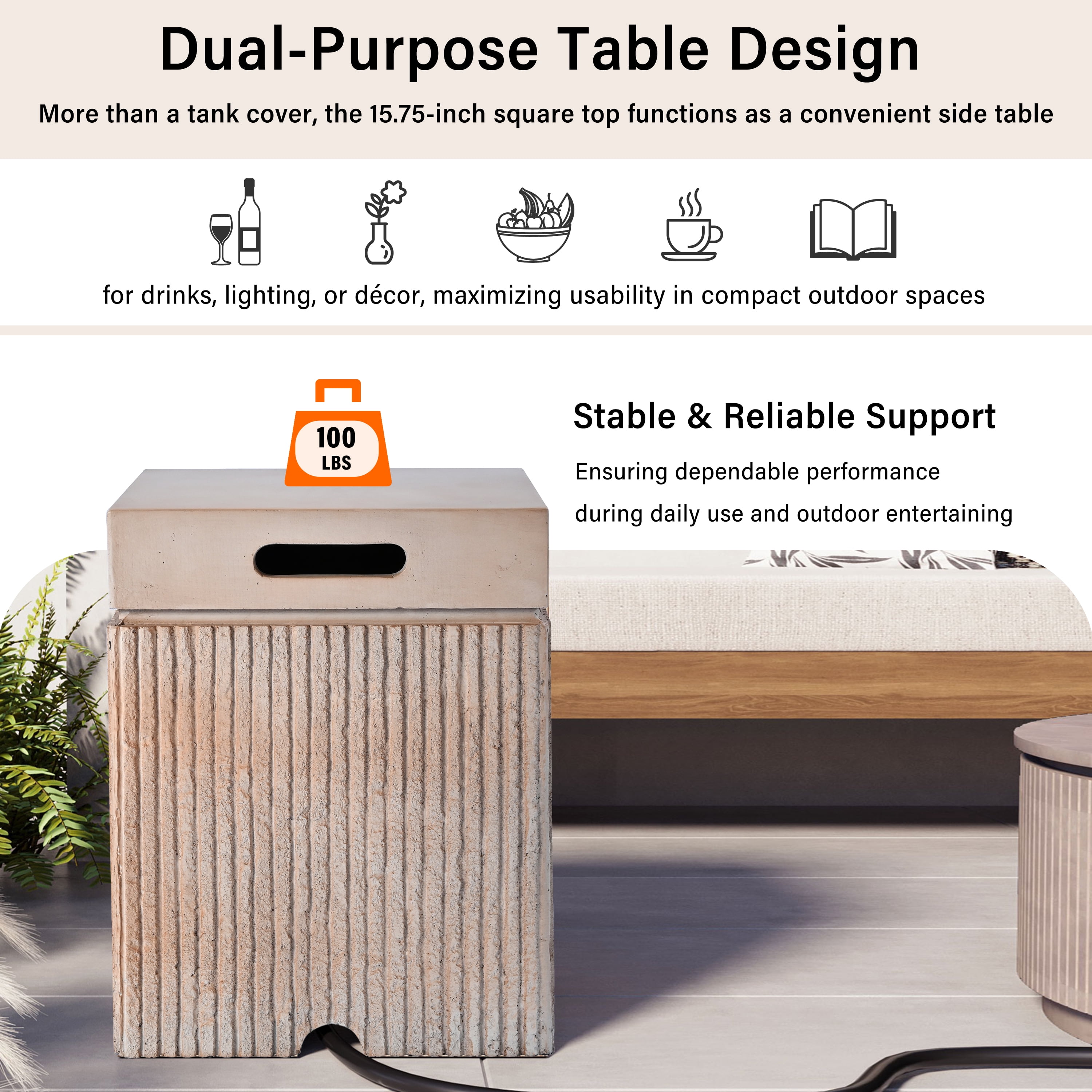 Mintazer 15.75" Outdoor Propane Tank Cover Table with Side Handles & Protective Cover, Side Table with Vertical Fluted Texture for Fire Pit Patio Backyard, No Assembly Needed, Reddish Brown