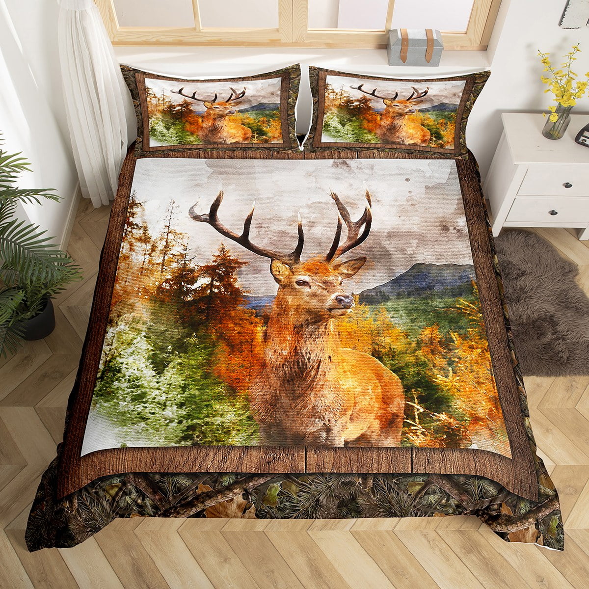 YST Hunting Deer Bedding Sets Queen Elk Moose Comforter Cover, Jungle