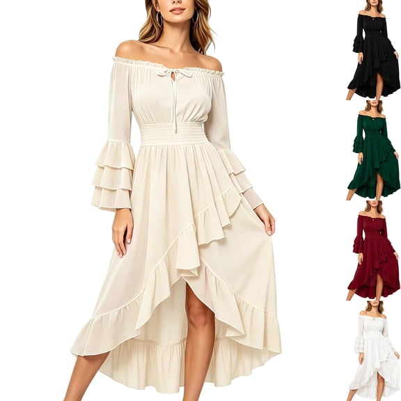 Womens Renaissance Dress Off Shoulder Peasant Smocked Waist Ruffle Layered Bell Sleeve High Low Tiered Asymmetrical Hem Fairy Halloween Costume, Beige, L