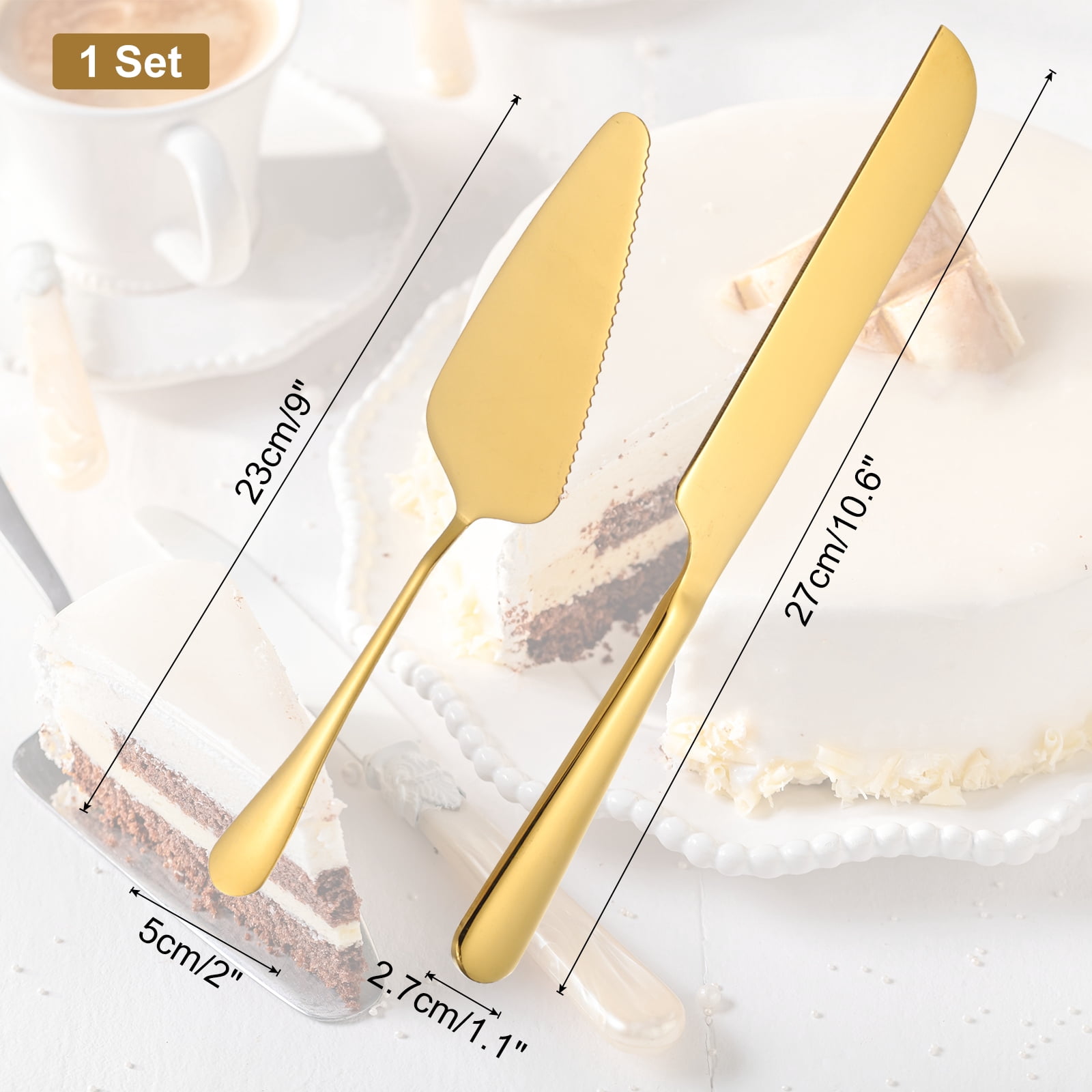 Unique Bargains Elegant Cake Knife and Server Set for Birthday Party Gift Gold