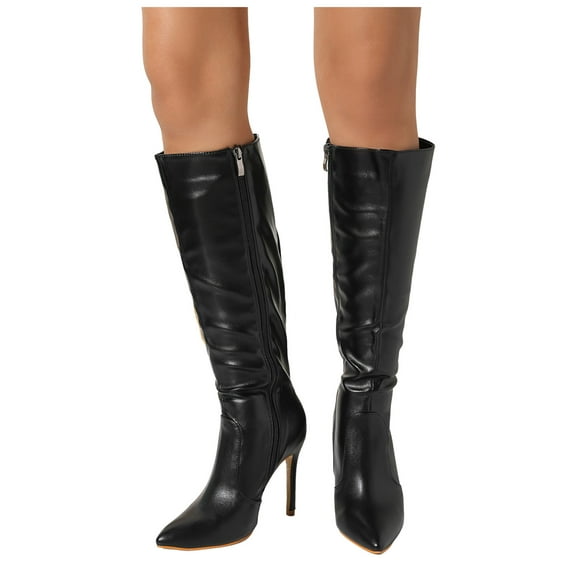 IUJSOY Womens Mid Calf Boots Stiletto Heels Leather Pointed Toe Side Zipper Knee High Boots