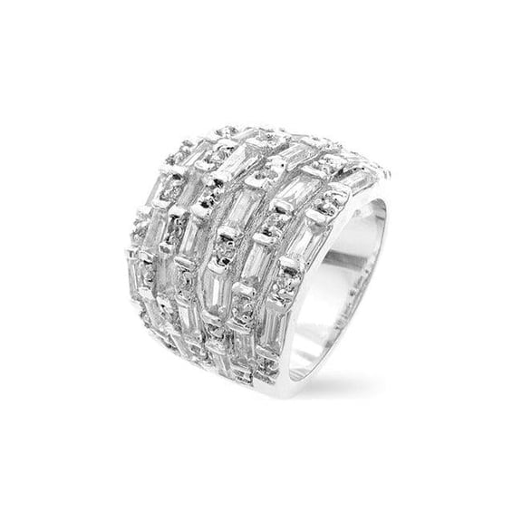 Precious Stars R07408R-C01-05 Precious Stars Silvertone Baguette-Cut Cubic Zirconia Multi-Row Fashion Ring