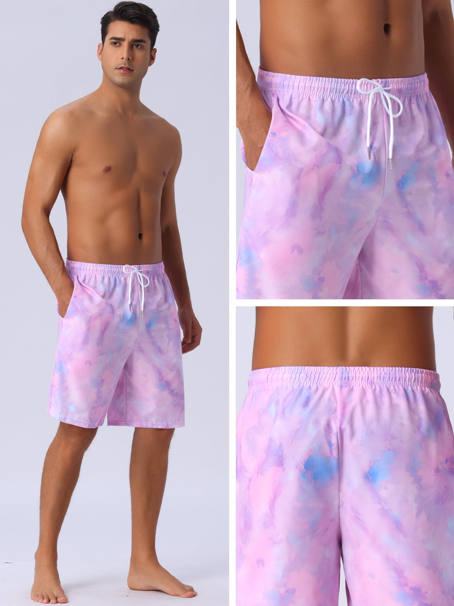 DARING DIVA Men's Tie-dyed Pattern Drawstring Elastic Waist Board Shorts 30 Purple Blue