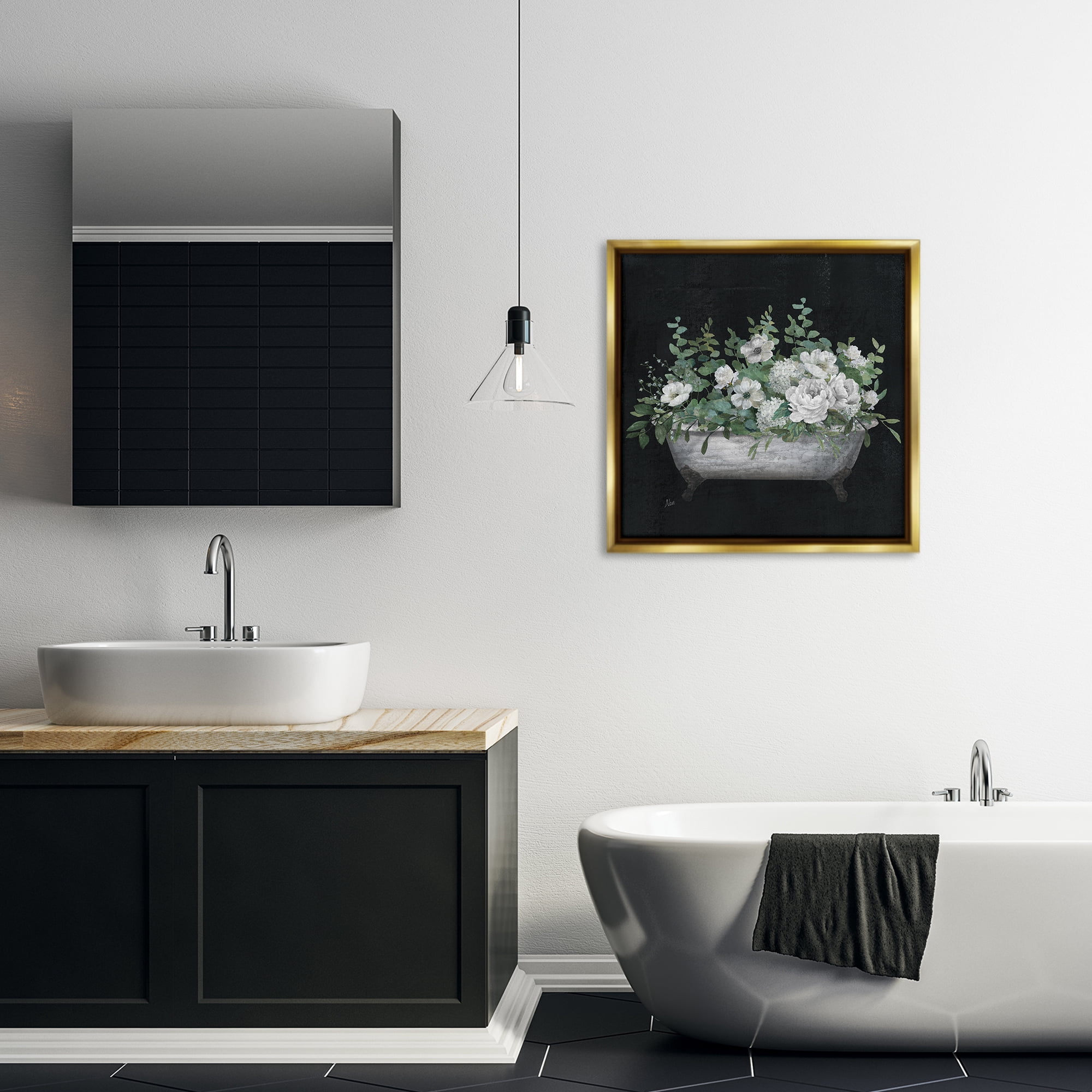 Stupell Industries Rustic Floral Bathtub Typography Painting Gold Floater Framed Canvas Art Print Wall Art, 25 x 25