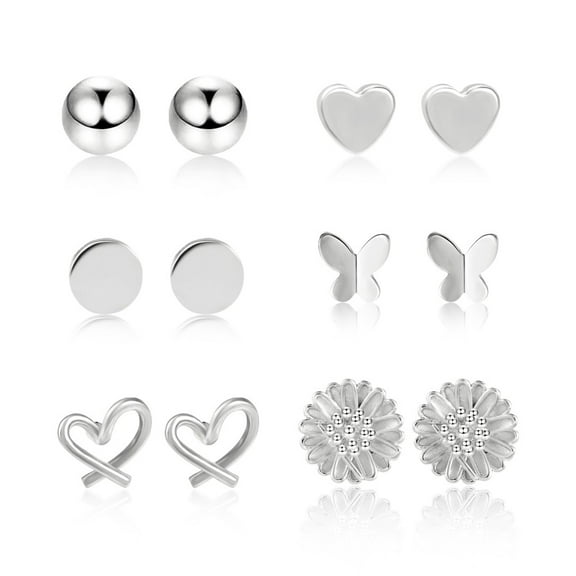 Lancharmed Silver Plated Earrings for Mother,6 Pairs Daisy Love Round Butterfly Earring Valentines Gift