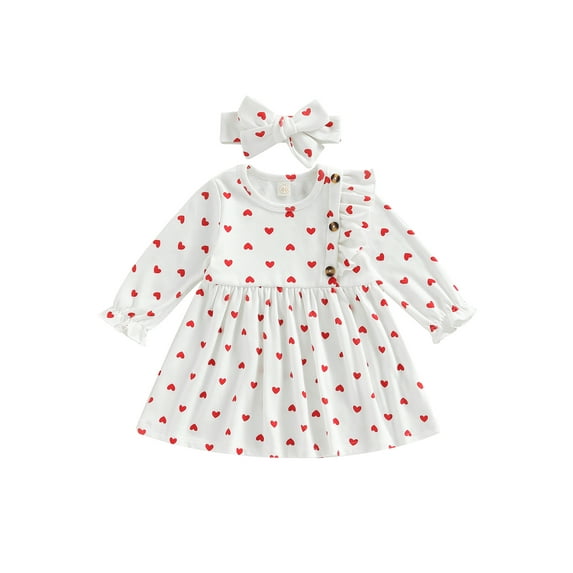 Valentine's Day Toddler Girls Dress Heart Print Long Sleeve Crew Neck Buttons Kids Dress Spring Autumn Dress with Headband