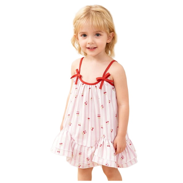 Wxirdiow Robe pour Fille Robe d'Été pour Fille Robe à Manches Courtes Style Haut avec Motif Simple et Stylé et Nœud Papillon Rose Taille, 3-4 Ans