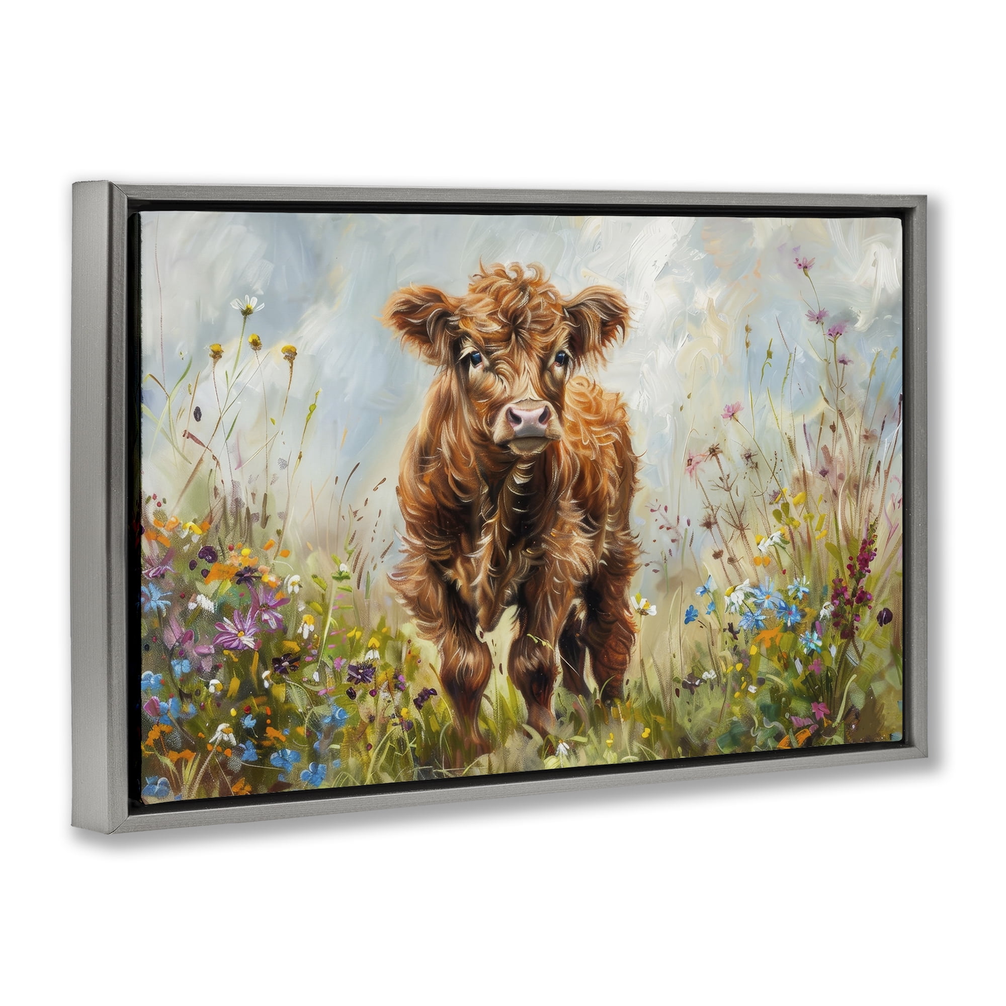 Stupell Industries Mountain Cow Scene Animals & Insects Painting Gray Floater Framed Canvas Art Print Wall Art, 31 x 21