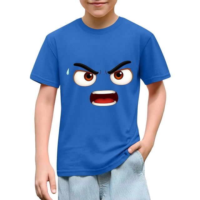 Blusas y camisas de manga corta con cuello redondo para niños y niñas, color liso, con estampado de expresión linda, manga corta, holgadas y cómodas, blusa para niña
