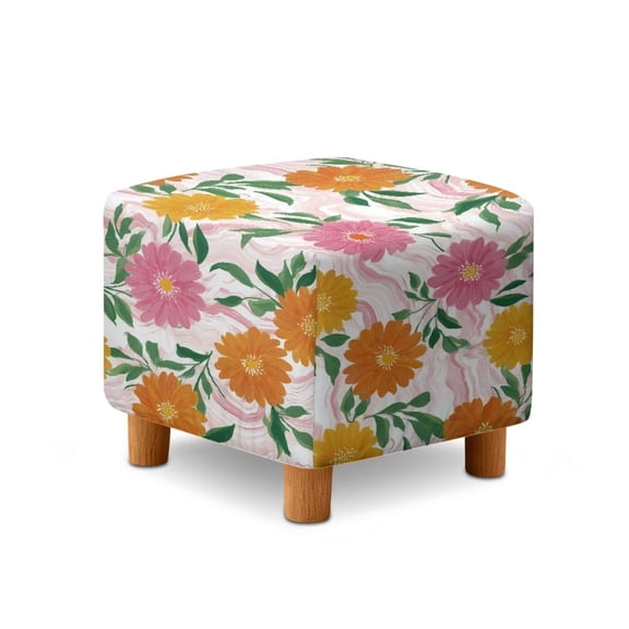 SCRAWLGOD Daisy Marble Print Pink White Ottoman Cover Square Storage Ottoman Slipcover Thick Stretchable Footrest Stool Covers with Elastic Band for Pets, Machine Washable