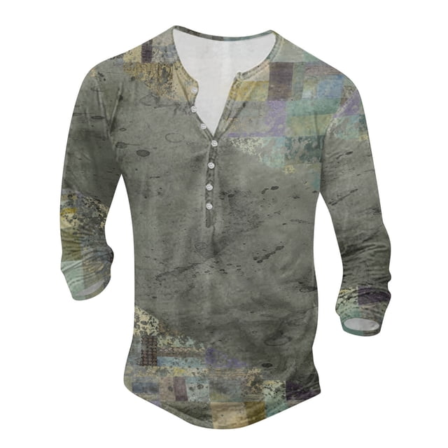 T-Shirts Male Patchwork Color Crew Neck Button Up Large Size Digital Printed Long Sleeve Men Shirts Grey XXL