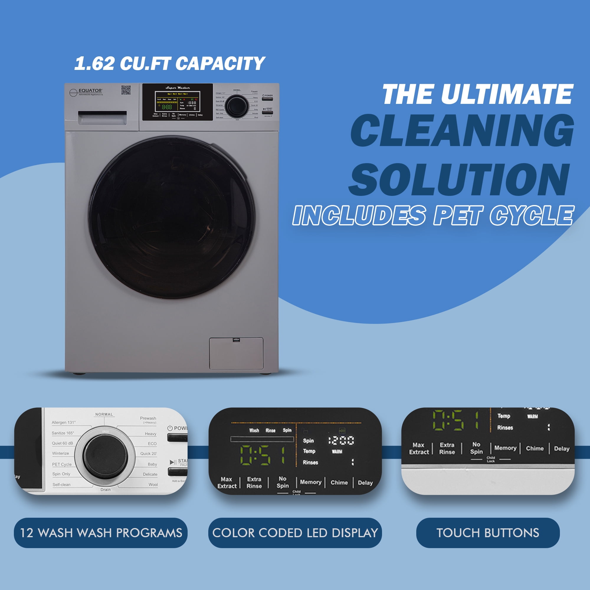 Equator 1.6cf/15lbs Compact Washer 15 Wash Sanitize Allergen PET Cycle With 2 Min. Winterize ( Anti-freeze) Option 1400RPM / 110V