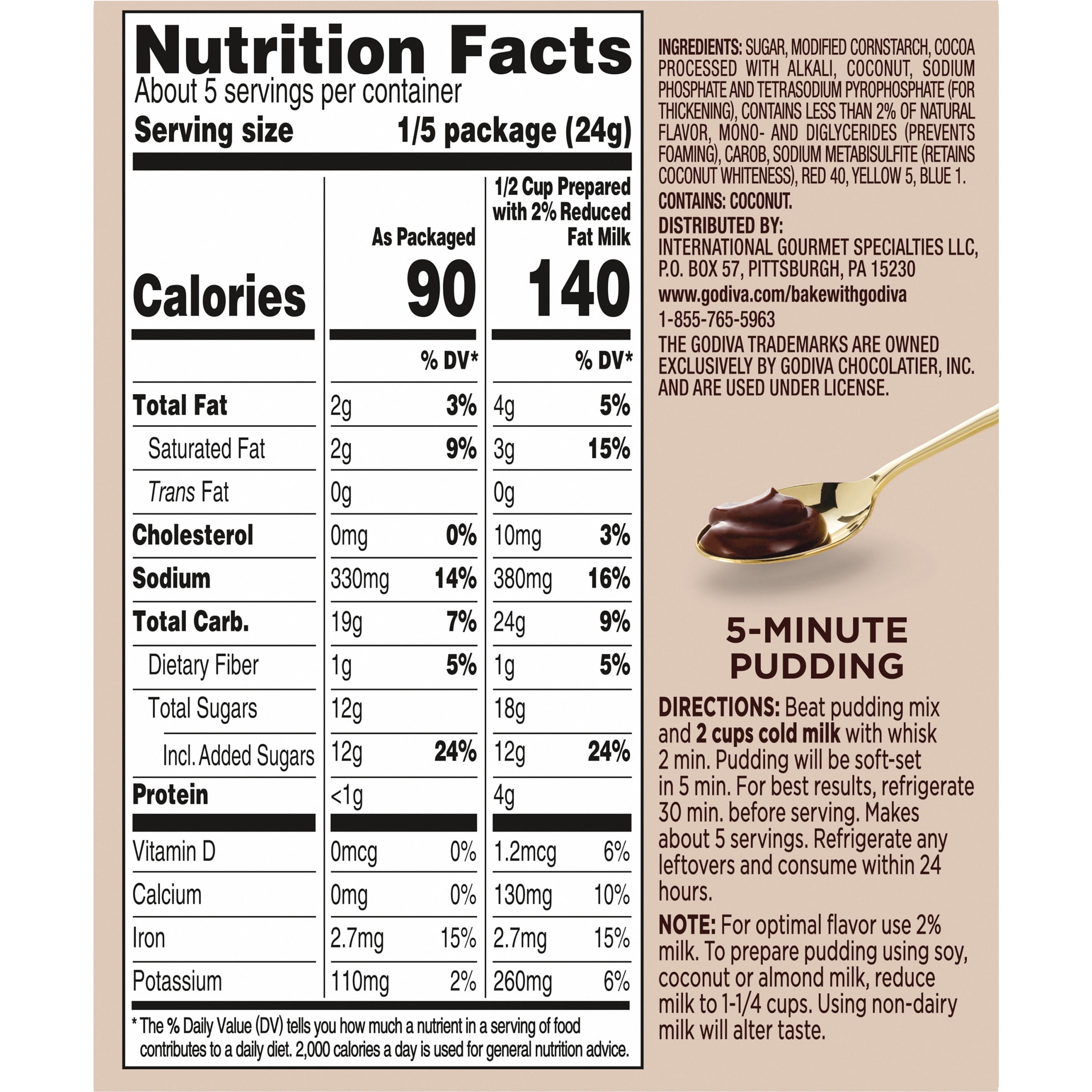 Godiva Dark Chocolate Pudding with Coconut Instant Pudding Mix, 4.12 oz Box