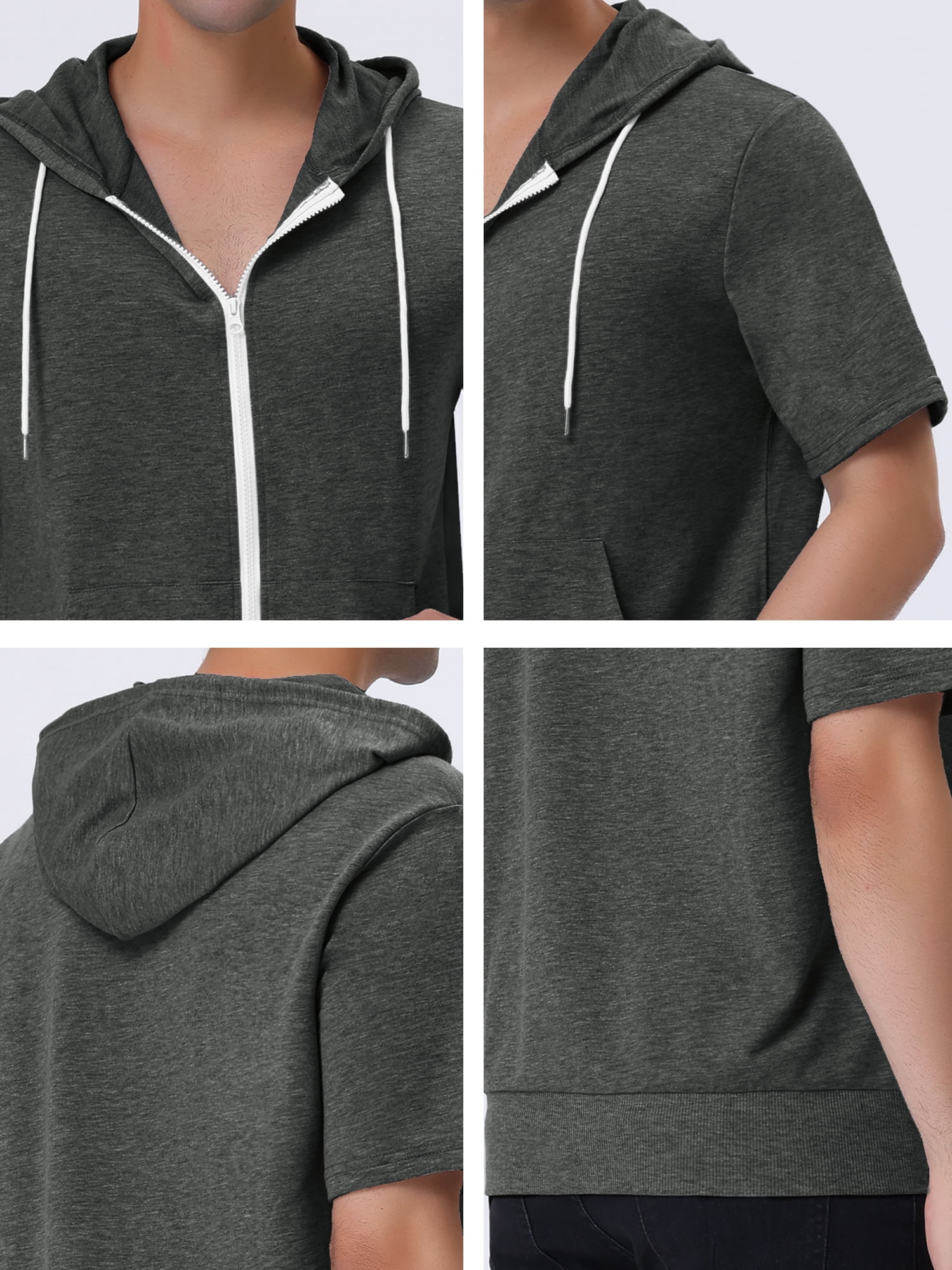 Unique Bargains Men's Short Sleeve Solid Color Zip Up Sport Hoodies L Dark Gray