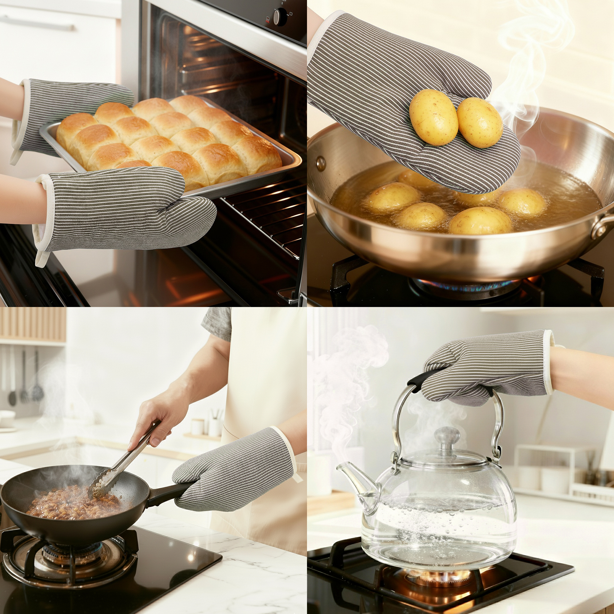 Unique Bargains Heat-Resistant Cooking Gloves Thick Cotton Lining Brown 10.2x7.5inch