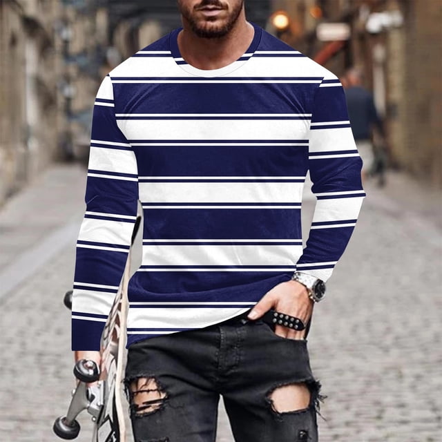 Blusas y camisas de manga larga con cuello redondo para hombre, blusa informal de manga larga con cuello redondo y estampado de rayas, blusa de poliéster para hombre