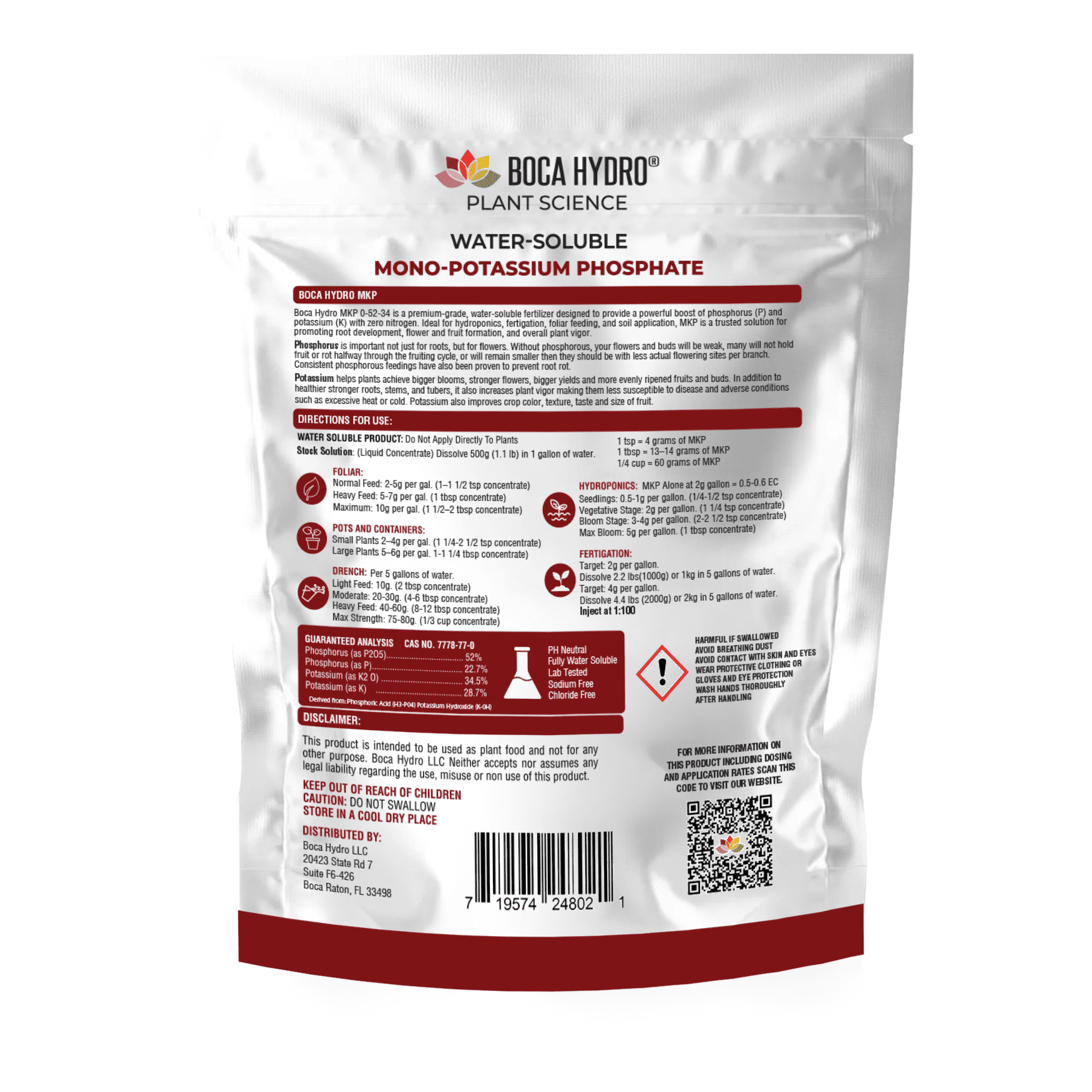 Boca Hydro MKP Mono-Potassium Phosphate 0-52-34 Water Soluble Plant Food Flowering Enhancer Bloom Booster and Root Builder for All Plants, Vegetables, Flowers, Trees and Lawns.