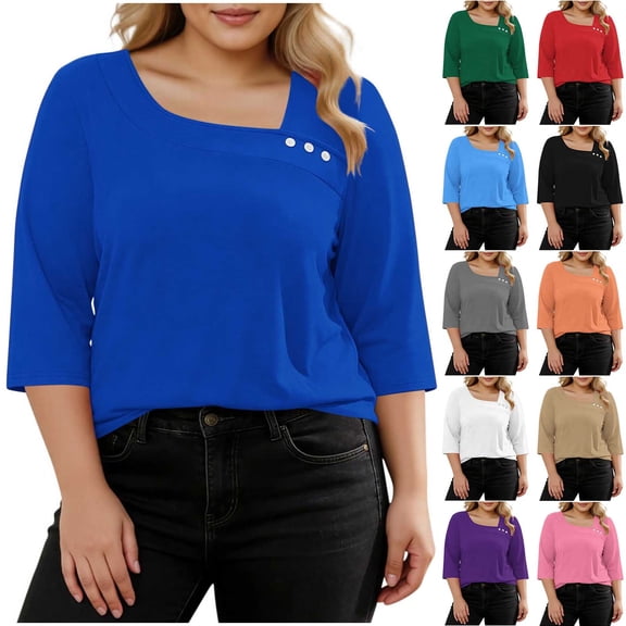 asdoklhq Oversized Tshirts for Women Crop Tops Crewneck Plus Size Fashion Women's Casual Printed V-Neck Long Sleeve T-shirt Button Spring and Summer Tops Sky Blue 4X