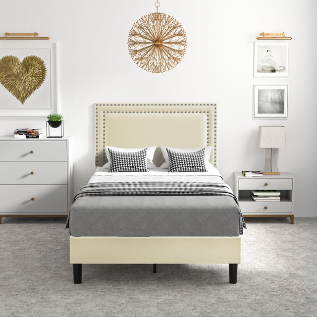VECELO Twin/Full/Queen Bed Frame with Adjustable Height Upholstered Headboard, Strong Wood Slat Support, No Box Spring Needed, Beige