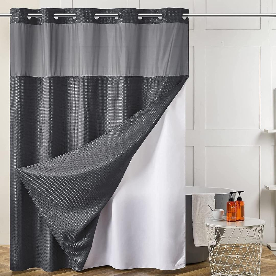 Extra Long 84 Inch Shower Curtain with Snap in Liner Set,No Hook Waffle