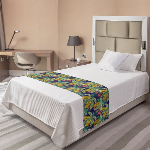 Tropical Bed Runner, Exotic Aloha Themed Illustration of Abstract Colorful Palm Leaves Print, Decorative Accent Bedding Scarf for Hotels Homes and Guestrooms, Twin, Indigo and Multicolor, by Ambesonne