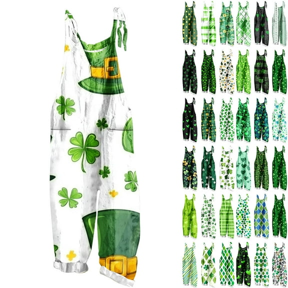 BiZtdJrK Back to College Sale, Women's St. Patrick's Day Cute Jumpsuits Lucky Irish Clover Graphic Rompers Casual Sleeveless Jumpers Pants Cotton Linen Overalls with Pockets Green S
