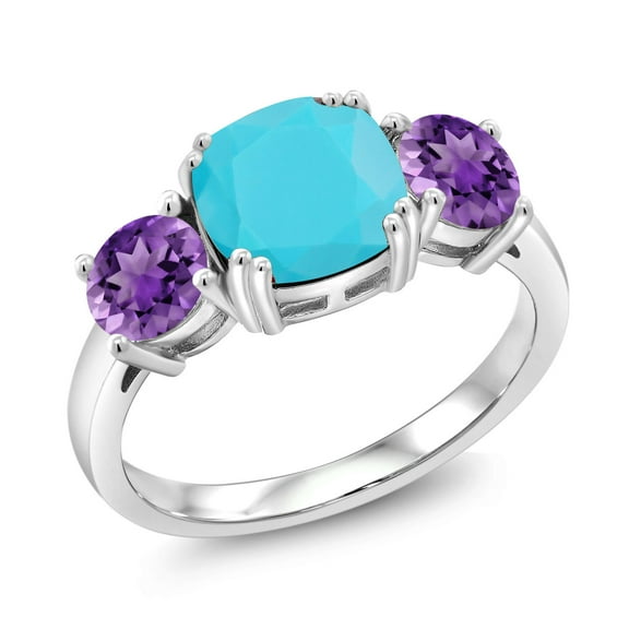 Gem Stone King 925 Sterling Silver Green Turquoise and Purple Amethyst 3 Stone Engagement Ring for Women (2.95 Cttw, Gemstone, Cushion 8MM, Size 9)