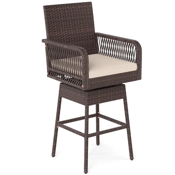 Costway 1 PCS 29" Patio 360° Swivel Bar Stool with Cross-Woven Armrests Footrest & Seat Cushion Brown
