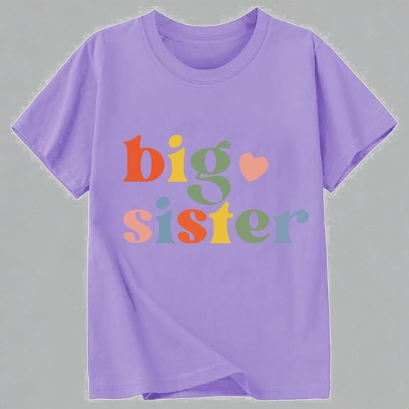 Krdevn Girls "Big Sister" Retro Colorful Graphic Print Short Sleeve T-Shirt Casual Crew Neck Summer Tee for Kids,3-4 Years