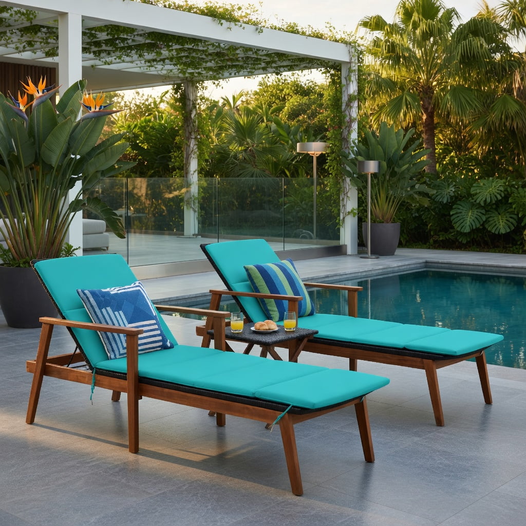 Hommoo 3-Piece Outdoor Rattan Lounge Chair Set with Adjustable Reclining Seats & Foldable Side Table for Patio, Deck, Pool or Backyard, Turquoise