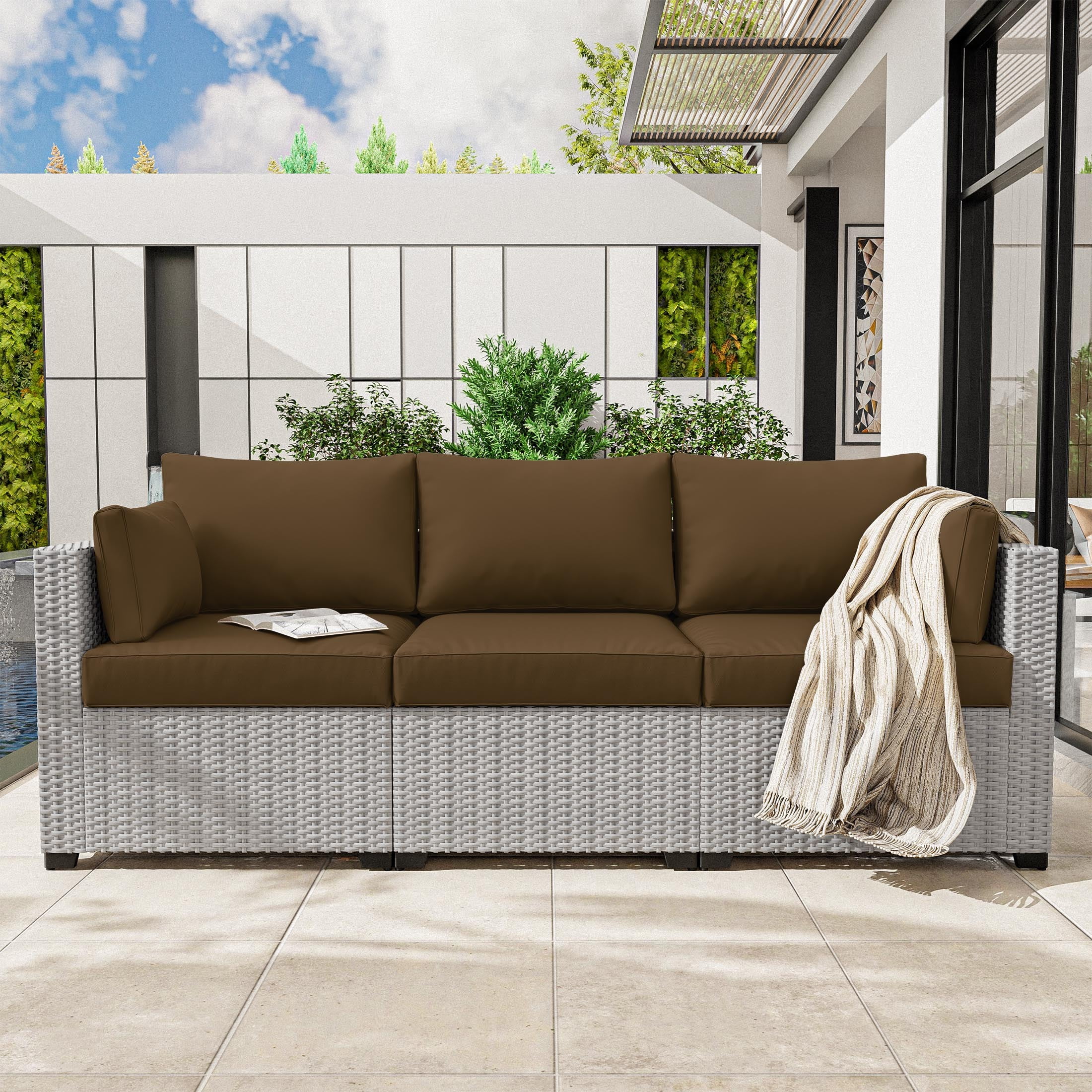 Pakunoda Outdoor Cushions Replacement, 8 Piece Sectional Cushion Fits 3-Seat, 4” Foam Deep Seat, for Patio Rattan Wicker Replacement Cushion, Liner&Cover, Chocolate