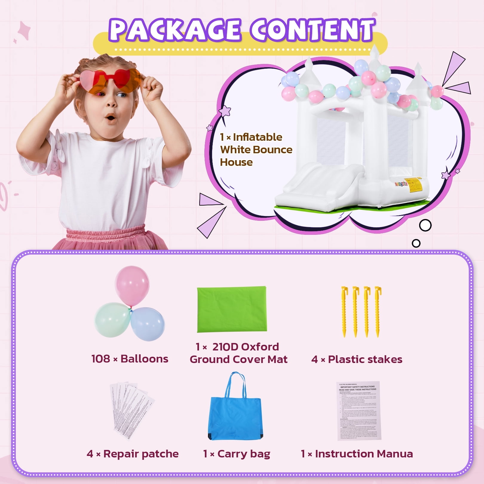 Adnoom Inflatable Bounce House for Kids 3~10, Bounce House with Slide, White Jumping Castle with 210D Ground Cloth, Bouncy House for Wedding, Party, Gift Decoration, Indoor & Outdoor, without Blower