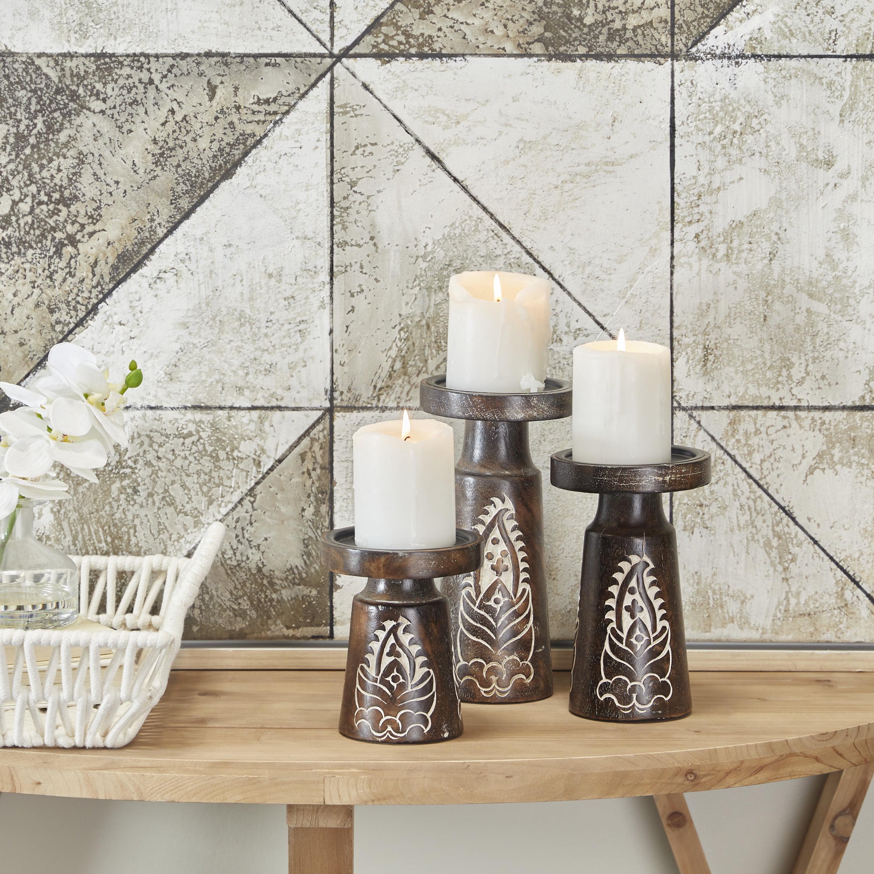 DecMode 3 Candle Dark Brown Mango Wood Tribal Pillar Candle Holder, Set of 3