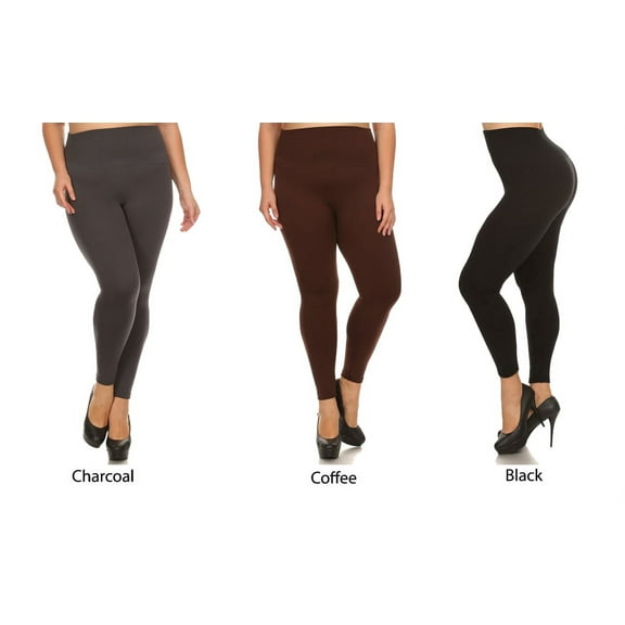 3 Pack Lady's Full Length Seamless FLEECE Leggings, Plus Size/One Size, Black/Coffee/Charcoal