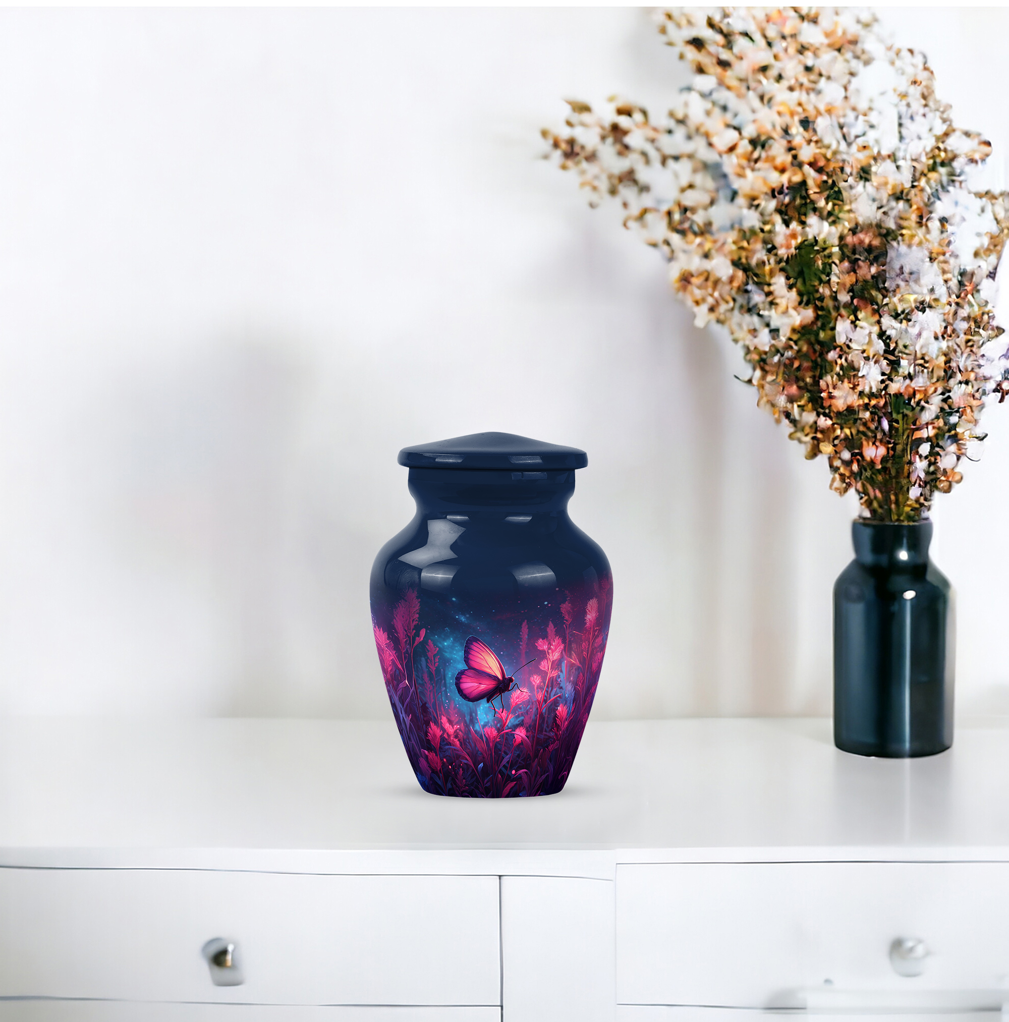 Butterfly Little Cremation Urn For Men & Women Ashes - Keepsake Blue Urns For Human Ashes For Male & Female - Little Urns For Girl And Boy - Pink Flowers Small Urn For Adults, 3 Inch