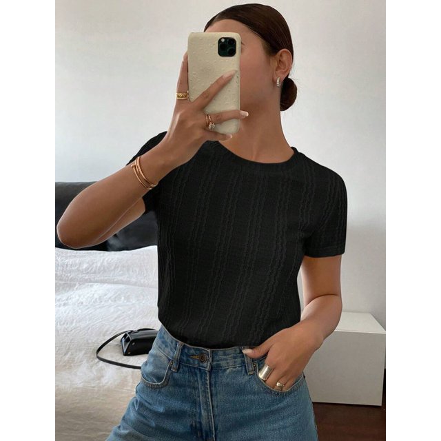 Top Mujer Cuello Redondo Manga Corta Textura Vertical Negro