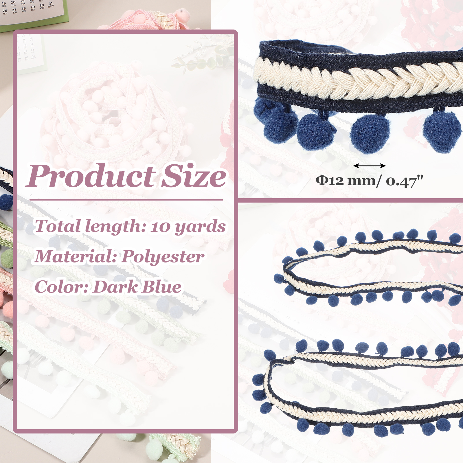 Uxcell 10 Yards Embroidered Pom Pom Ribbon, Fabric Trim Fringe Pom Pom Crafts Tassel Lace for Sewing DIY Clothing Bag Bedding Pillow Curtain Decoration, Dark Blue