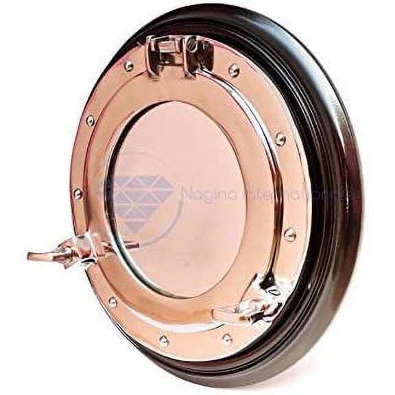 Aluminum Nickel Polished Porthole On Black Wooden Base - (10 Inches, Mirror)