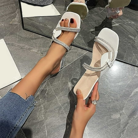 

Hvyesh Sandals for Women Casual Summer Sandals Summer Fashion Rhinestone Square Head Chunky Heel Sandals Size 6