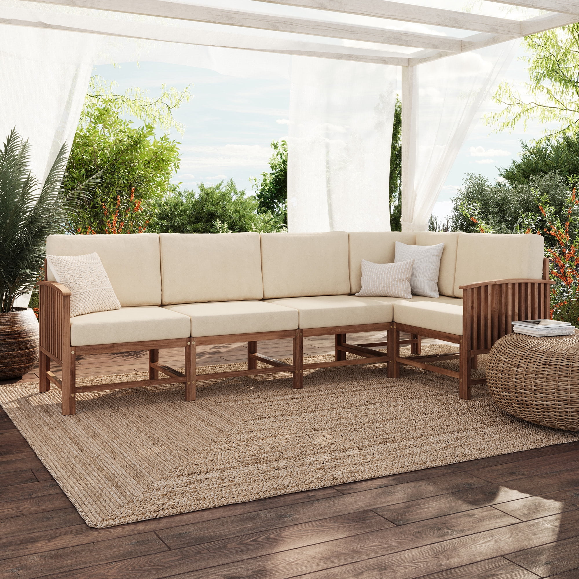 Walker Edison Modern Slatted Solid Wood 5-Piece Outdoor Sectional Set, Dark Brown