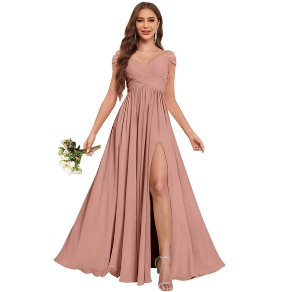 Vestido de dama de honor Fu Jiang de chifón con hombros descubiertos, color rosa empolvado