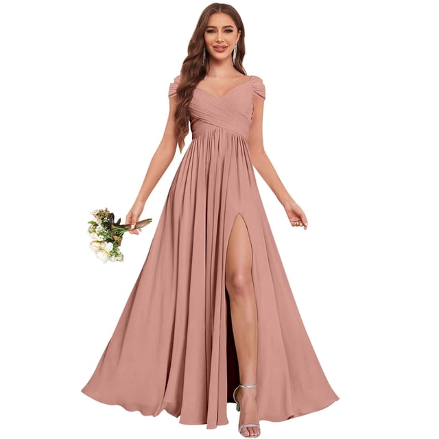 Vestido de dama de honor Fu Jiang de chifón con hombros descubiertos, color rosa empolvado