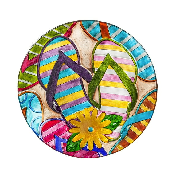 Evergreen 18" Hand Painted Embossed Glass Bird Bath, Beach Flip Flops