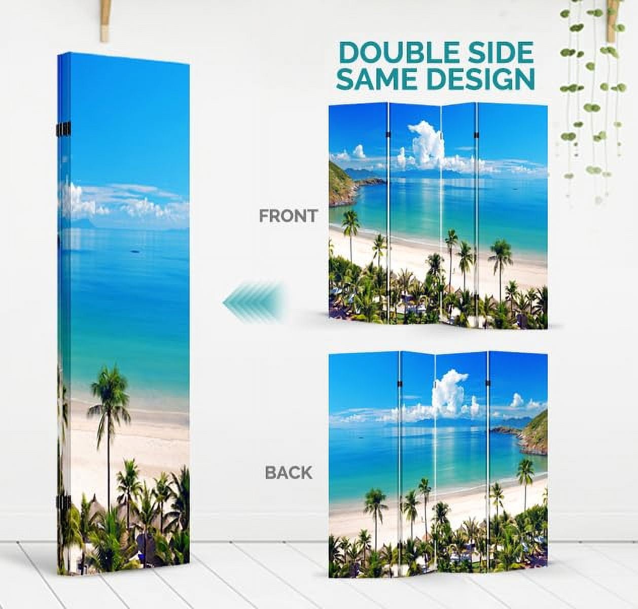 4 Panels Privacy Screen Room Divider Partition with Beach Hut Canvas, Water Resistant for Living Room, Bathroom, Home Office or College Dorm, Wood Frame