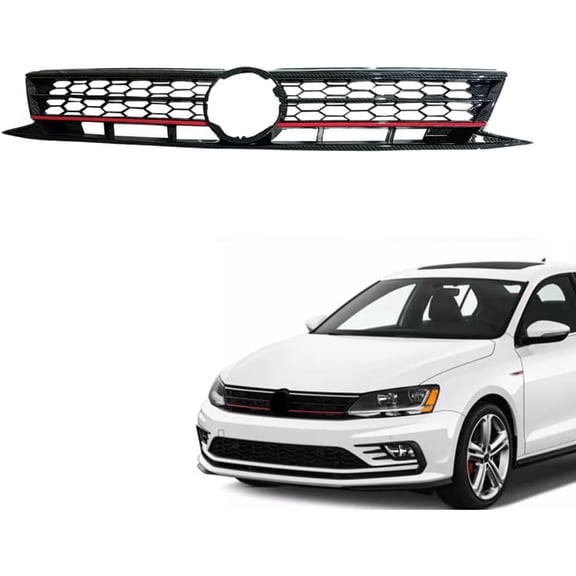 Front Grill Carbon Fiber Look W/Red Trim Compatible with VW Volkswagen Jetta Base/Comfortline/Highline/GLI/S/SE/SEL/Trendline/Wolfsburg 2015 2016 2017 2018 Models, No Emblem