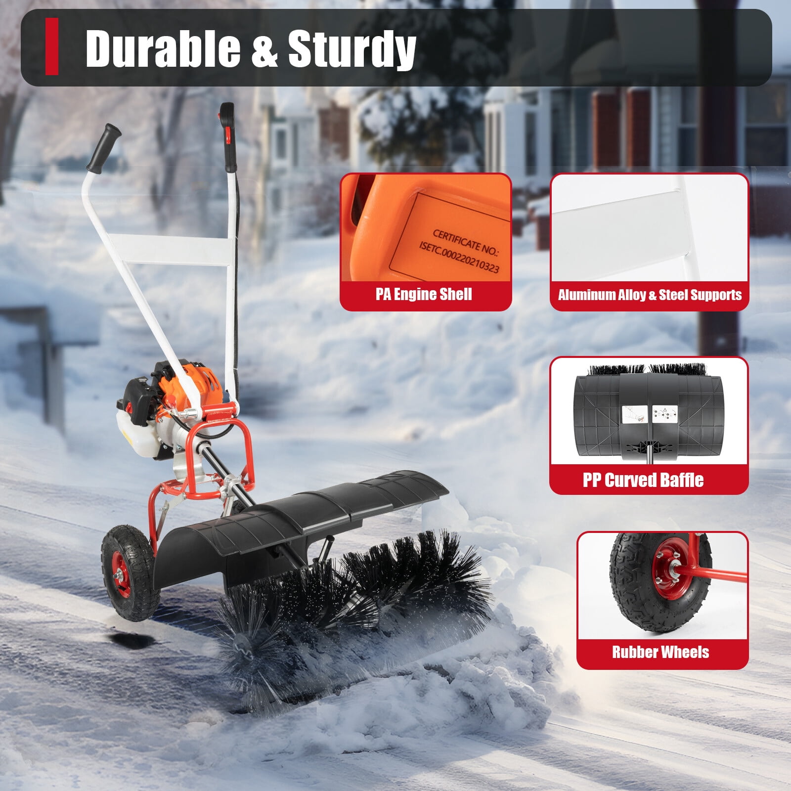 52CC 2-Stroke 2.5HP Walk Behind Gas Powered Sweeper Broom, Driveway and Lawn Snow Removal Sweeper, Artificial Turf Snow Sweeper, for Lawns, Fallen Leaves, Artificial Turf, and Gravel