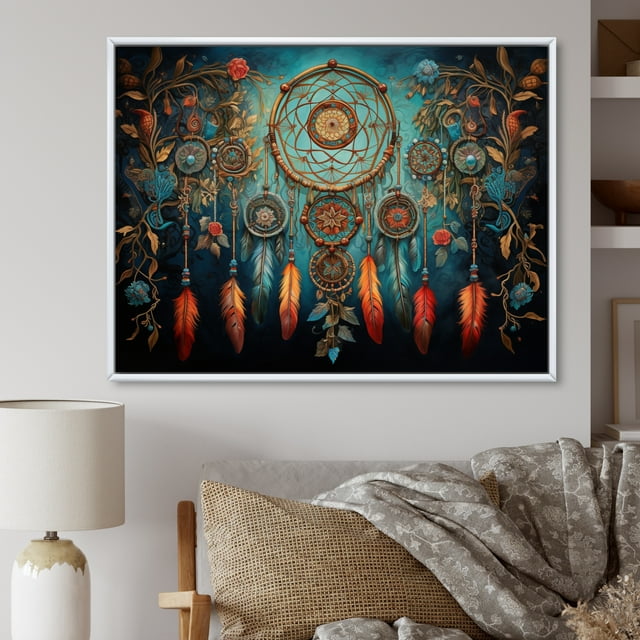 Designart Art Mural Encadré Attrape-Rêves, Folklore Attrape-Rêves Bleu, Décoration Murale Encadrée Attrape-Rêves, Art Mural Traditionnel Blanc Teal, 44x34 Pouces Cadre Couleur Blanche