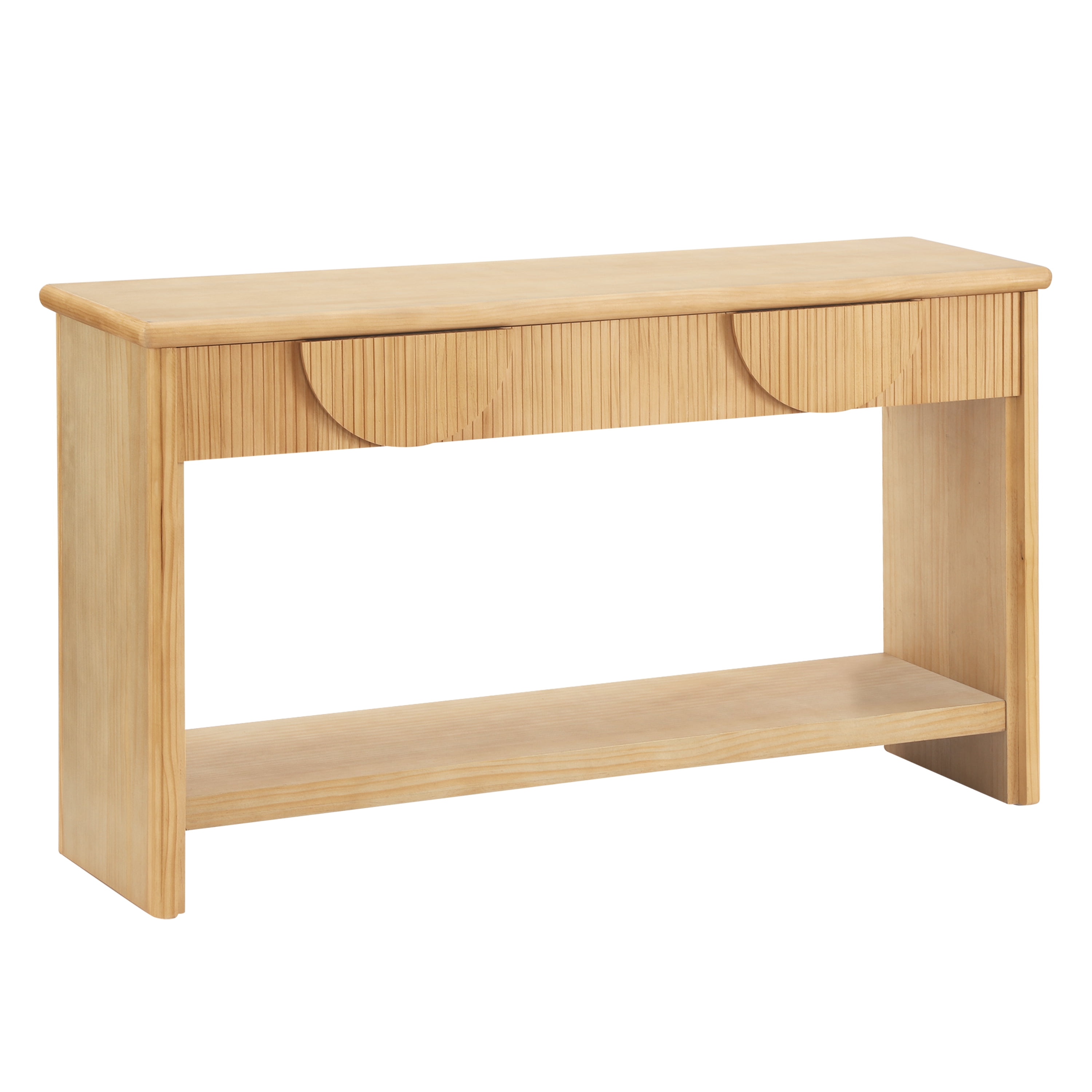 Mintazer 55" Console Table with 2 Soft Close Drawers, Modern Fluted Semi-Circular Drawer Entryway Table with Open Bottom Shelf, Rounded Edge Sofa Table for Hallway Living Room, Natural