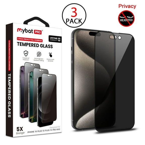 MyBat Pro Privacy Full Coverage Tempered Glass Screen Protector (3-pack) for Apple iPhone 15 Pro Max (6.7)/iPhone 16 Plus / 15 Plus (6.7) - Black